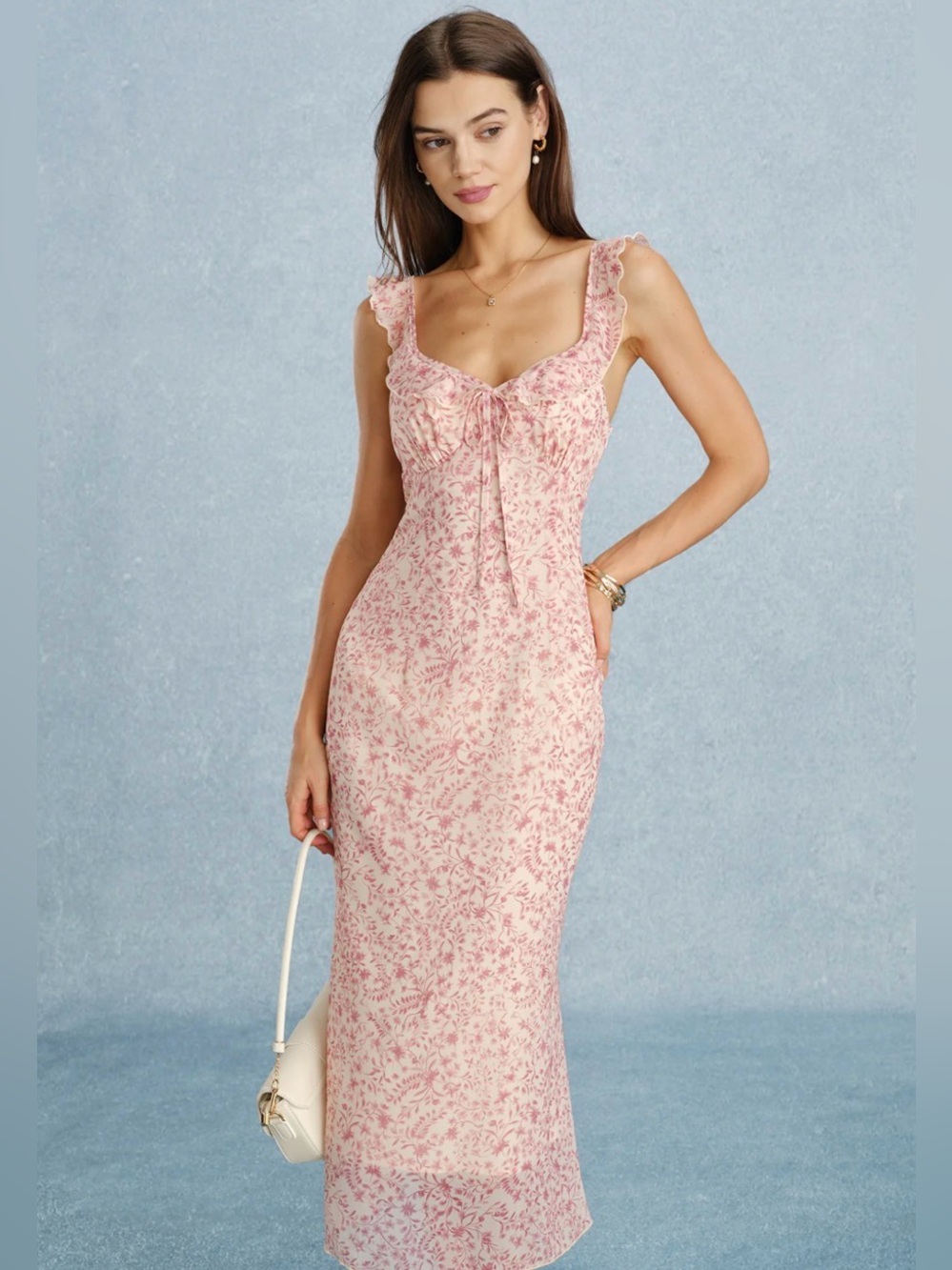 Pink V Neck Tie Ruffle Midi Dress
